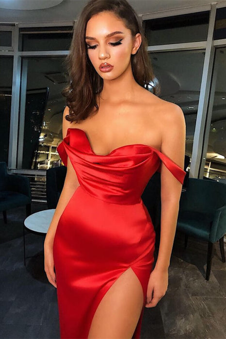 Elegant Red Evening Dress Prom Dress Off-the-Shoulder Strapless with Pleated Slit