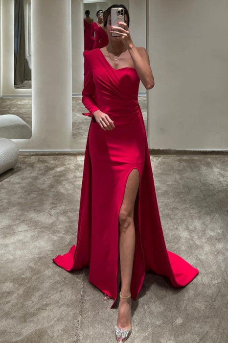 Elegant Red One-Shoulder Prom Dress with Front Split Court Mermaid Style