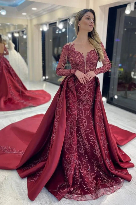 Elegant Rose Long Sleeve Mermaid Evening Dress with Appliqued Sequins