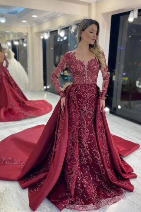 Elegant Rose Long Sleeve Mermaid Evening Dress with Appliqued Sequins