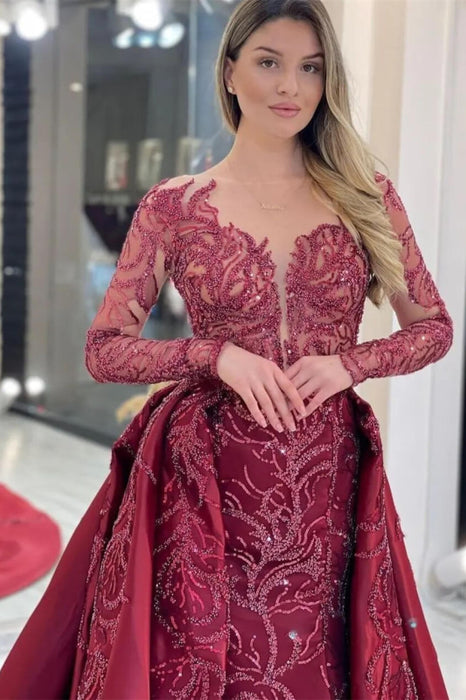 Elegant Rose Long Sleeve Mermaid Evening Dress with Appliqued Sequins