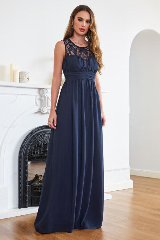 Elegant Round Neck Chiffon Formal Dress Sleveless Aline Evening Dress Floor Length - Dark Navy / US 2 - Prom Dresses