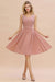 Elegant Ruffle Chiffon Short Bridesmaid Dress Sleeveless V-Neck Aline Knee Length Homecoming Dress - Dusty Pink / US 2 - Prom Dresses