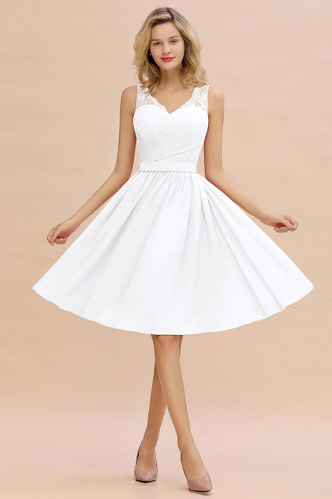 Elegant Ruffle Chiffon Short Bridesmaid Dress Sleeveless V-Neck Aline Knee Length Homecoming Dress - White / US 2 - Prom Dresses