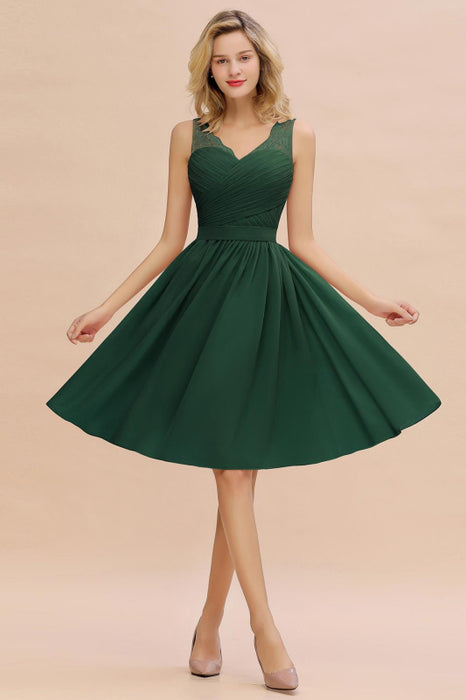 Elegant Ruffle Chiffon Short Bridesmaid Dress Sleeveless V-Neck Aline Knee Length Homecoming Dress - Dark Green / US 2 - Prom Dresses