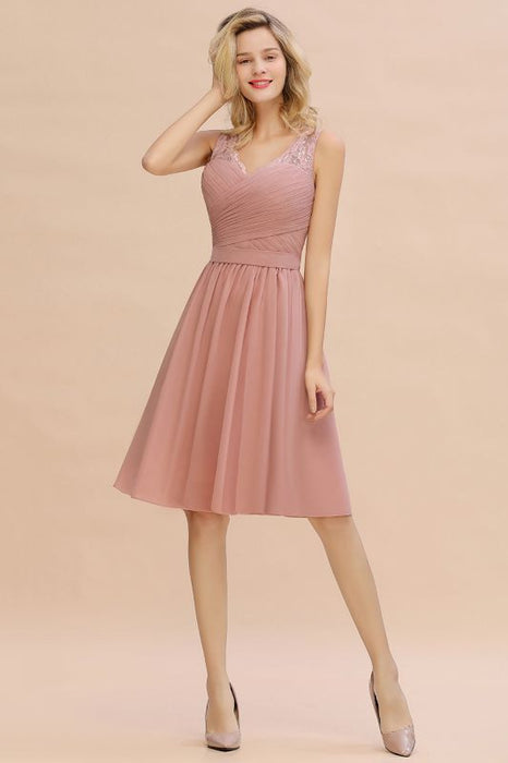 Elegant Ruffle Chiffon Short Bridesmaid Dress Sleeveless V-Neck Aline Knee Length Homecoming Dress - Prom Dresses