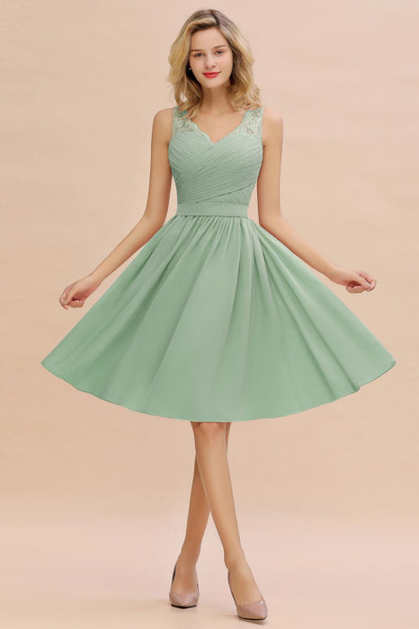 Elegant Ruffle Chiffon Short Bridesmaid Dress Sleeveless V-Neck Aline Knee Length Homecoming Dress - Dusty Sage / US 2 - Prom Dresses