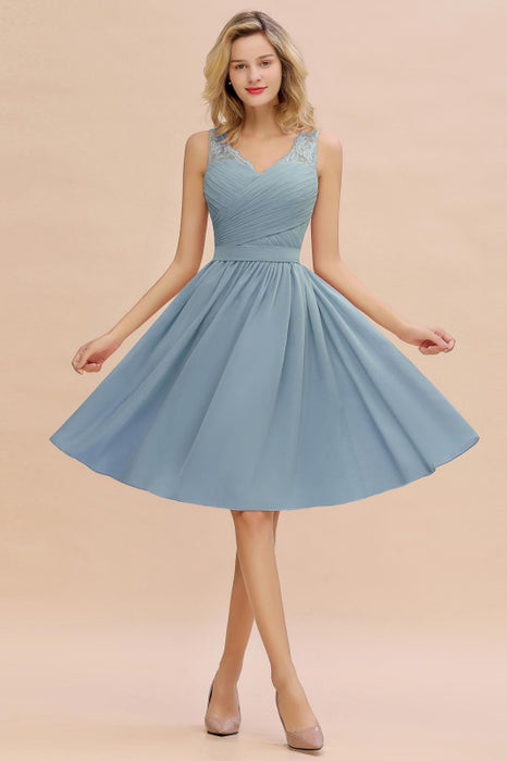 Elegant Ruffle Chiffon Short Bridesmaid Dress Sleeveless V-Neck Aline Knee Length Homecoming Dress - Dusty Blue / US 2 - Prom Dresses