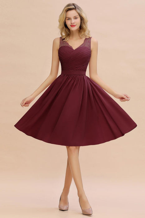 Elegant Ruffle Chiffon Short Bridesmaid Dress Sleeveless V-Neck Aline Knee Length Homecoming Dress - Burgundy / US 2 - Prom Dresses