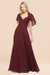 Bridelily Chic Satin V-Neck Long Burgundy Chiffon Bridesmaid Dress with Flutter Sleeve