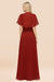 Bridelily Chic Satin V-Neck Long Burgundy Chiffon Bridesmaid Dress with Flutter Sleeve