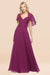Bridelily Chic Satin V-Neck Long Burgundy Chiffon Bridesmaid Dress with Flutter Sleeve