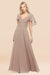 Bridelily Chic Satin V-Neck Long Burgundy Chiffon Bridesmaid Dress with Flutter Sleeve