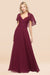 Bridelily Chic Satin V-Neck Long Burgundy Chiffon Bridesmaid Dress with Flutter Sleeve