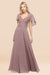 Bridelily Chic Satin V-Neck Long Burgundy Chiffon Bridesmaid Dress with Flutter Sleeve