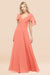 Bridelily Chic Satin V-Neck Long Burgundy Chiffon Bridesmaid Dress with Flutter Sleeve