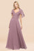 Bridelily Chic Satin V-Neck Long Burgundy Chiffon Bridesmaid Dress with Flutter Sleeve