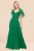 Bridelily Chic Satin V-Neck Long Burgundy Chiffon Bridesmaid Dress with Flutter Sleeve