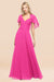 Bridelily Chic Satin V-Neck Long Burgundy Chiffon Bridesmaid Dress with Flutter Sleeve