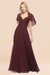 Bridelily Chic Satin V-Neck Long Burgundy Chiffon Bridesmaid Dress with Flutter Sleeve