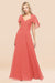 Bridelily Chic Satin V-Neck Long Burgundy Chiffon Bridesmaid Dress with Flutter Sleeve