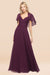 Bridelily Chic Satin V-Neck Long Burgundy Chiffon Bridesmaid Dress with Flutter Sleeve