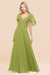 Bridelily Chic Satin V-Neck Long Burgundy Chiffon Bridesmaid Dress with Flutter Sleeve