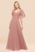 Bridelily Chic Satin V-Neck Long Burgundy Chiffon Bridesmaid Dress with Flutter Sleeve