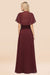 Bridelily Chic Satin V-Neck Long Burgundy Chiffon Bridesmaid Dress with Flutter Sleeve