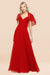 Bridelily Chic Satin V-Neck Long Burgundy Chiffon Bridesmaid Dress with Flutter Sleeve