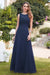 Elegant Scoop Neck Chiffon Long Evening Dress Sleeveless Floral Lace Aline Party Wear Dress - Dark Navy / US 2 - Prom Dresses
