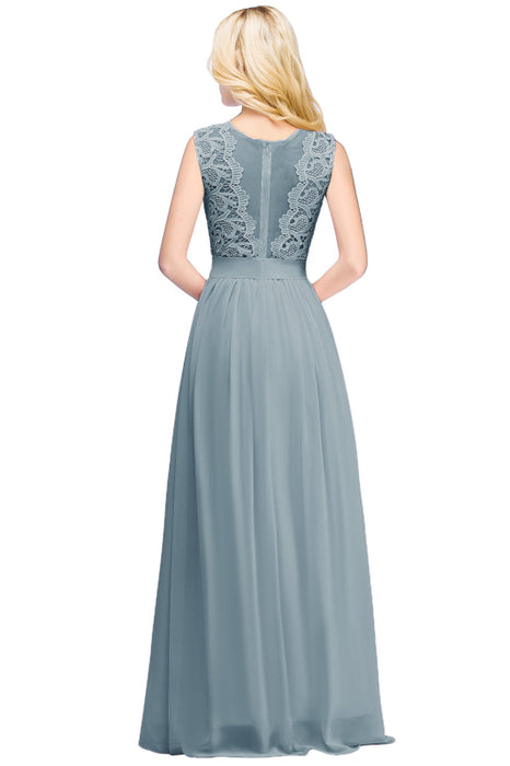 Elegant Scoop Neck Sleeveless A-Line Chiffon Evening Dress Floral lace Long Formal Dress - Prom Dresses