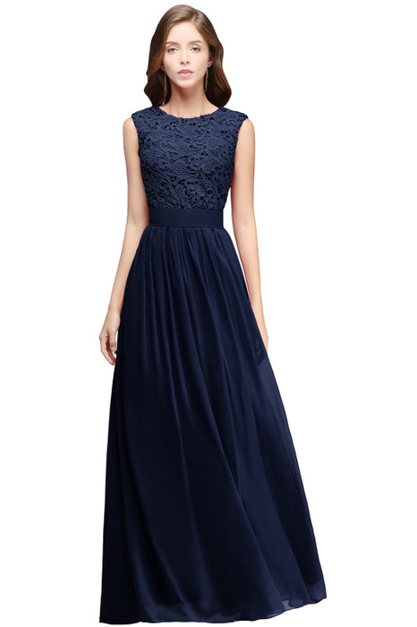 Elegant Scoop Neck Sleeveless A-Line Chiffon Evening Dress Floral lace Long Formal Dress - Prom Dresses