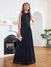 Elegant Scoop Neck Sleeveless A-Line Chiffon Evening Dress Floral lace Long Formal Dress - Dark Navy / US 2 - Prom Dresses