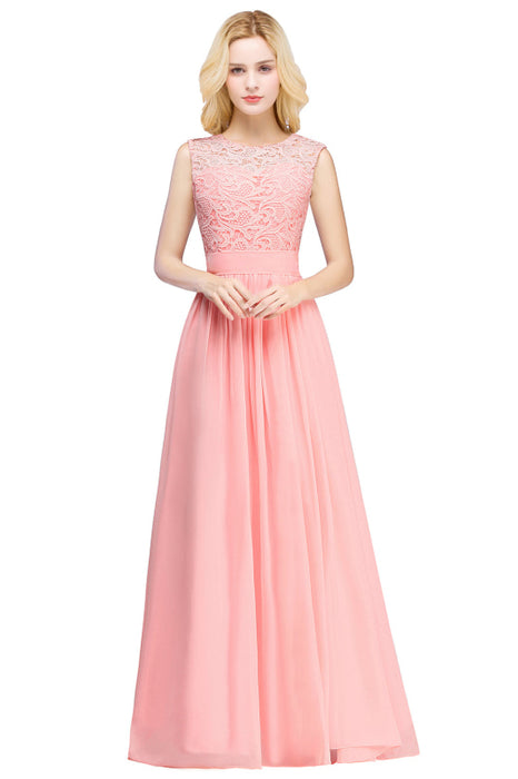 Elegant Scoop Neck Sleeveless A-Line Chiffon Evening Dress Floral lace Long Formal Dress - Prom Dresses