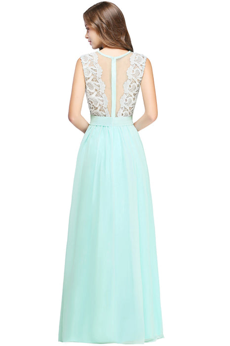 Elegant Scoop Neck Sleeveless A-Line Chiffon Evening Dress Floral lace Long Formal Dress - Prom Dresses