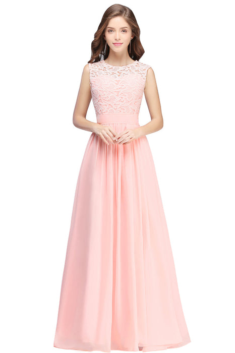 Elegant Scoop Neck Sleeveless A-Line Chiffon Evening Dress Floral lace Long Formal Dress - Blushing Pink / US 2 - Prom Dresses