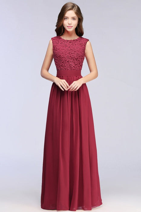 Elegant Scoop Neck Sleeveless A-Line Chiffon Evening Dress Floral lace Long Formal Dress - Prom Dresses