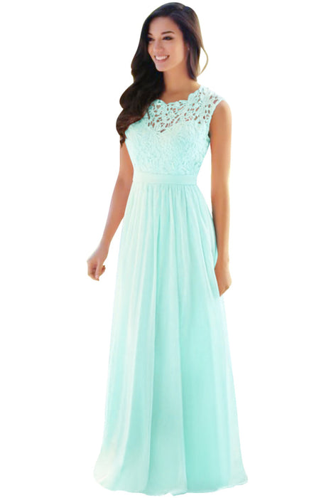 Elegant Scoop Neck Sleeveless A-Line Chiffon Evening Dress Floral lace Long Formal Dress - Prom Dresses