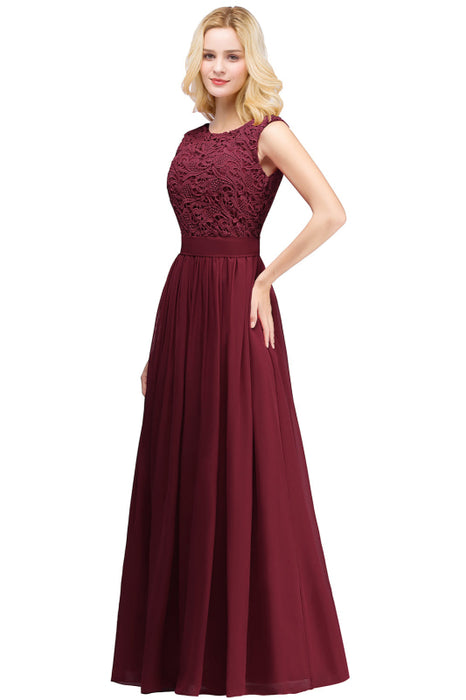 Elegant Scoop Neck Sleeveless A-Line Chiffon Evening Dress Floral lace Long Formal Dress - Dark Burgundy / US 2 - Prom Dresses