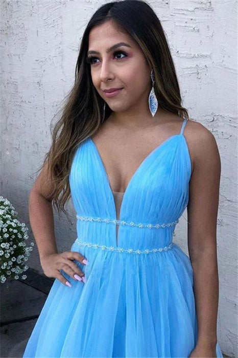 Elegant Sky Blue Tulle Long Evening Dress