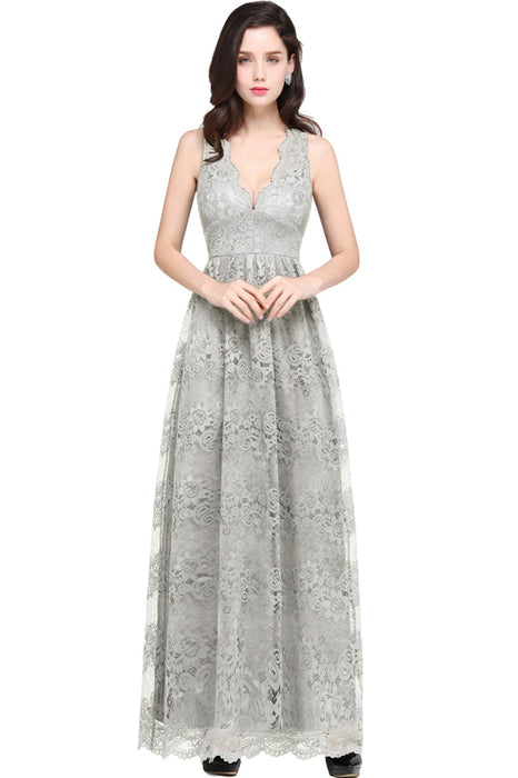 Elegant Sleeveless Bridesmaid Dress Floral Lace V-Neck Ankle Length Evening Dresses - Silver / US 2 - Prom Dresses