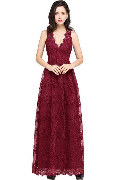 Elegant Sleeveless Bridesmaid Dress Floral Lace V-Neck Ankle Length Evening Dresses - Burgundy / US 2 - Prom Dresses