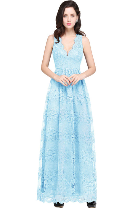 Elegant Sleeveless Bridesmaid Dress Floral Lace V-Neck Ankle Length Evening Dresses - Sky Blue / US 2 - Prom Dresses