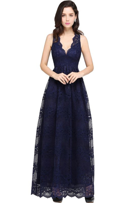 Elegant Sleeveless Bridesmaid Dress Floral Lace V-Neck Ankle Length Evening Dresses - Navy Blue / US 2 - Prom Dresses