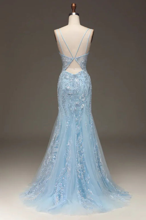 Elegant Slimming Sky Blue Sequin Prom Dress Long