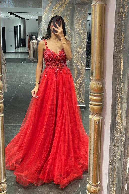 Elegant Spaghetti-Strap Mermaid Prom Dress with Appliques and Beadings