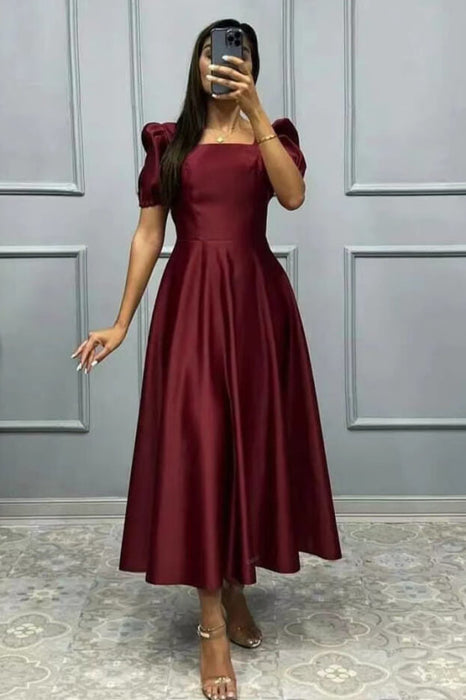 Elegant Square A-Line Prom Dress with Short Sleeves