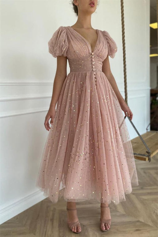 Elegant Taupe Pink V-Neck Short Sleeves Prom Dress with Sequins