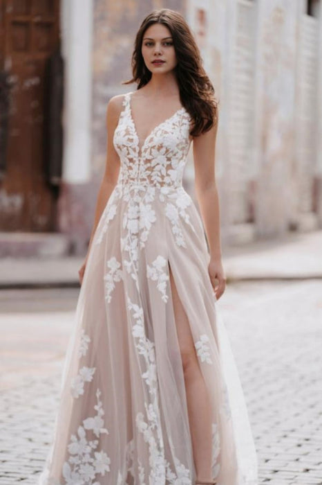 Elegant V-Neck A-Line Side-Split Appliques Lace Wedding Dress with Sweep Train